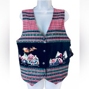 Vintage Casey & Max Black Velvet Tartan Embroidered Christmas Party Vest Size M